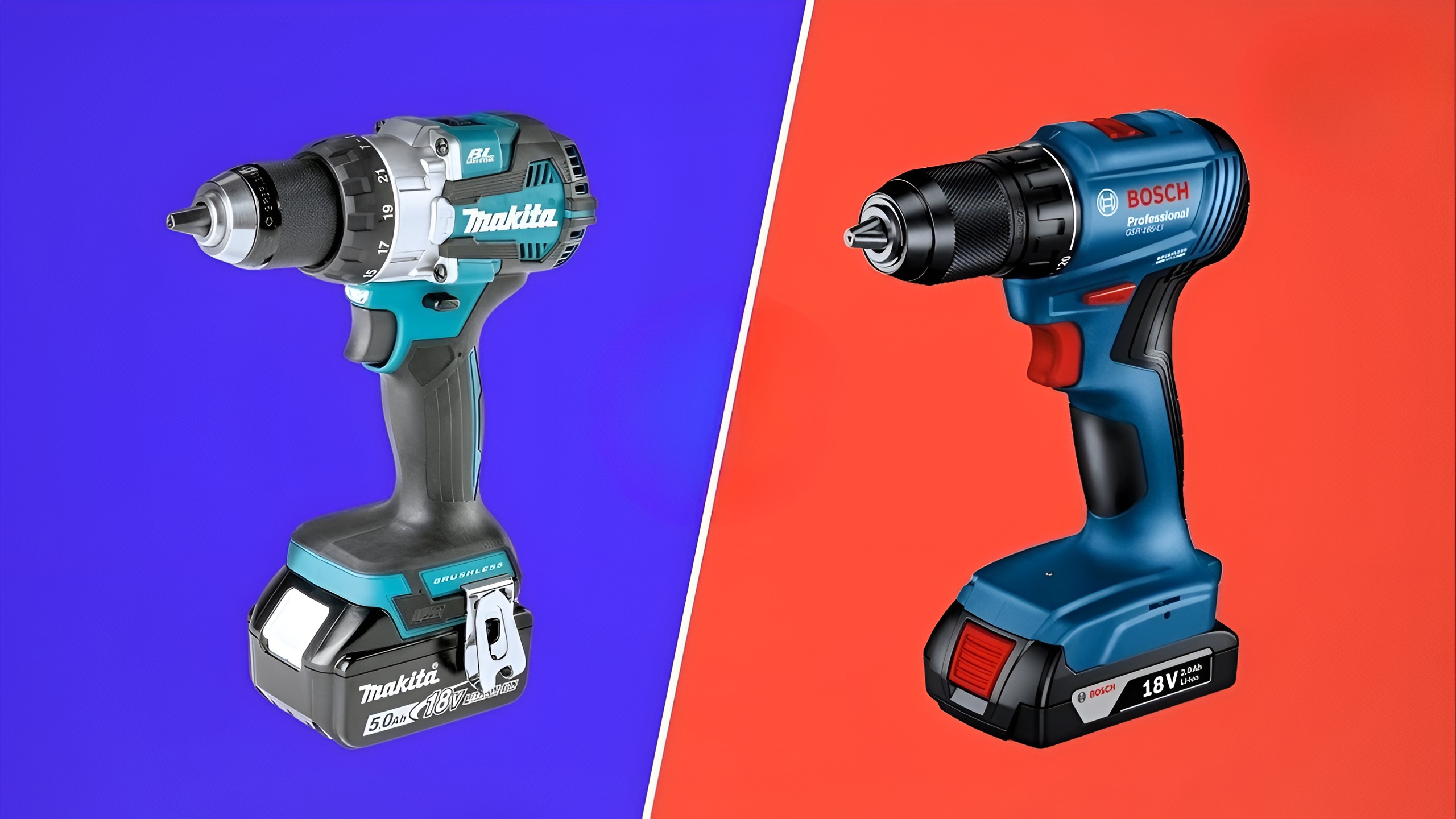 A Bosch drill next to a Makita impact driver