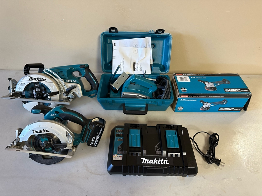 A collection of Makita power tools on a workbench
