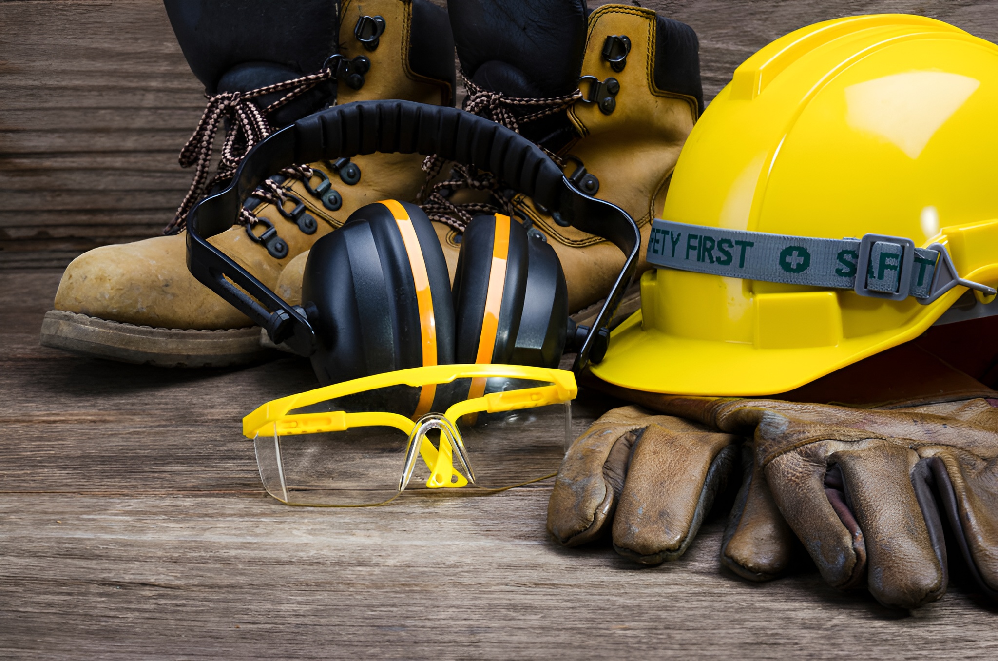 A collection of safety gear including gloves, glasses, and ear protection
